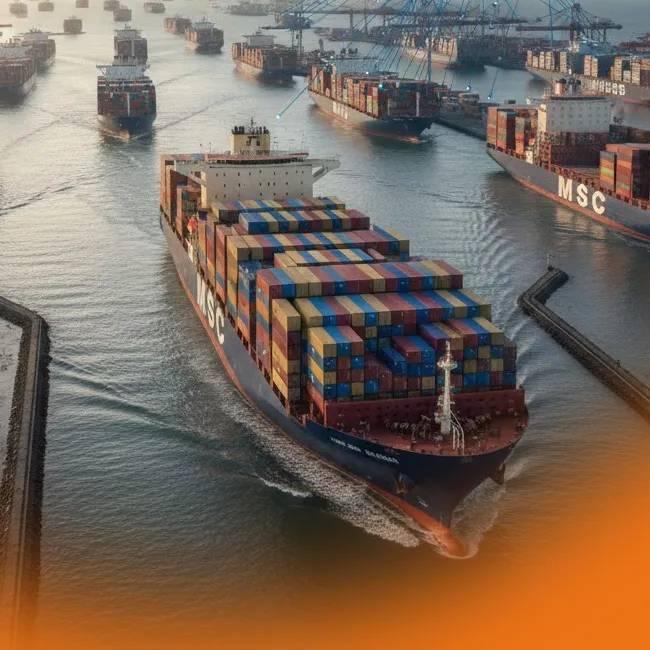 Aerial view of a large MSC container ship navigating a crowded, golden-lit harbor, surrounded by numerous other vessels, symbolizing the carrier's massive fleet expansion and market dominance.