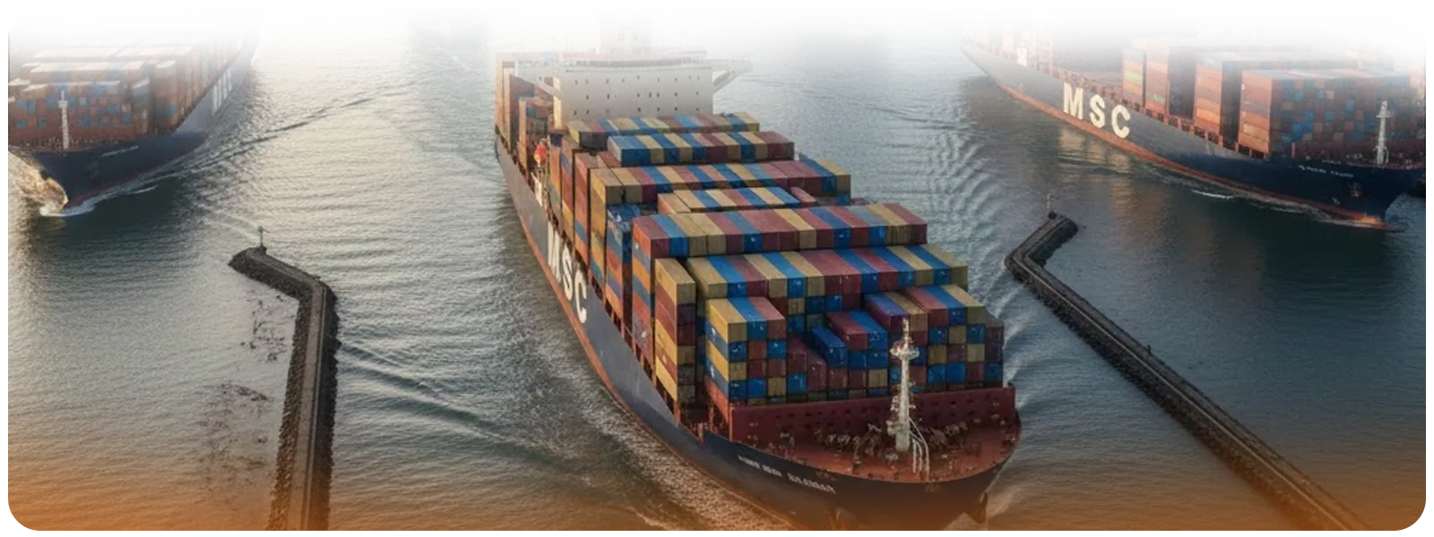 High-angle shot of a fully loaded MSC feeder vessel entering a port channel, highlighting the colorful container stacks and the modern design of the carrier's expanding regional fleet.