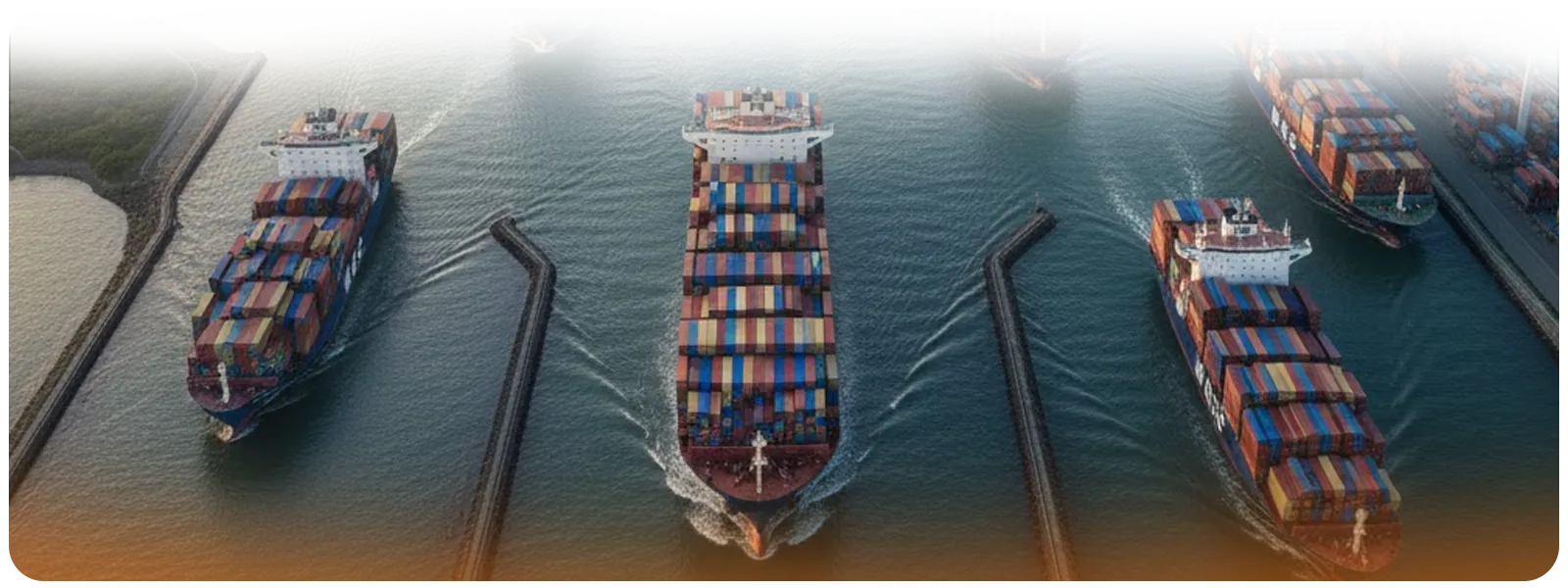 Aerial perspective of multiple MSC container feeder ships sailing in formation through a channel, illustrating the company's strategy of using swarms of smaller vessels to ensure network ubiquity.