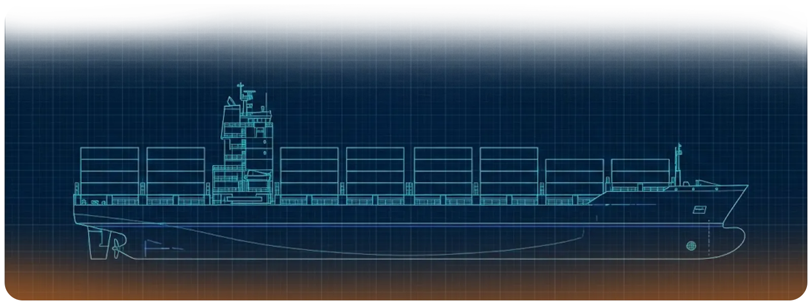 A technical blue wireframe blueprint of a modern container feeder ship against a grid background, displaying the side profile, hull structure, and container capacity layout.