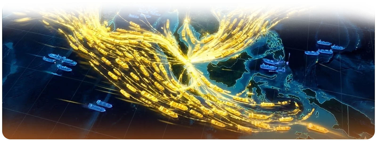 : A digital data visualization on a dark world map showing a massive "wave" of glowing yellow MSC shipping routes saturating Southeast Asian trade lanes, visibly overwhelming smaller, static blue clusters representing competitor networks.