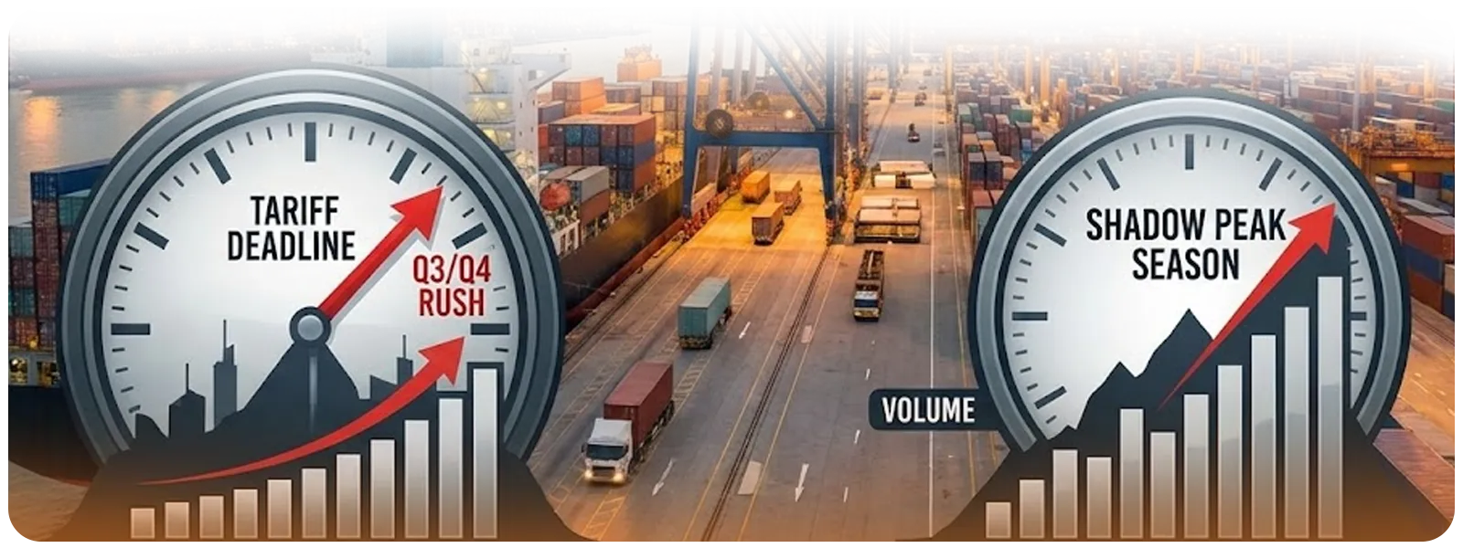Digital graphic overlaying a busy port road, featuring gauges labeled "Tariff Deadline" and "Shadow Peak Season" to illustrate the urgency driving early import volumes.