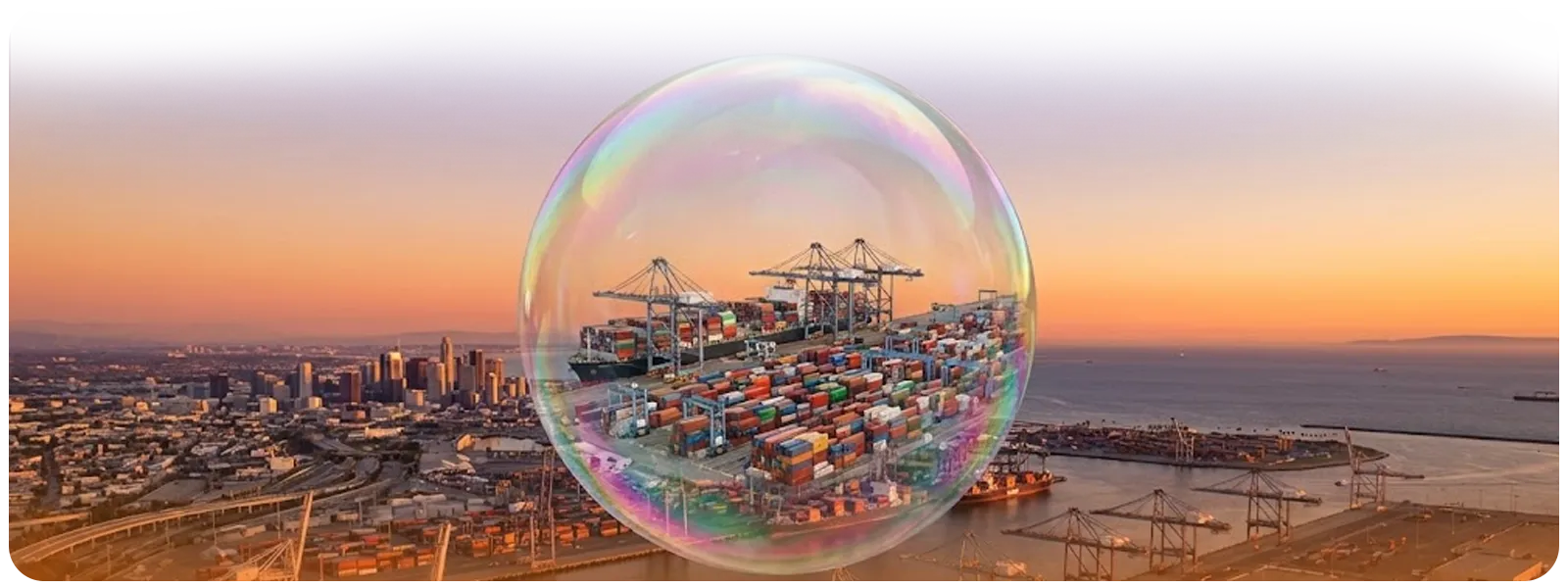 A surreal conceptual image of a giant bubble containing a chaotic port scene floating over a calm harbor, representing the temporary "tariff-driven bubble" of cargo volume.