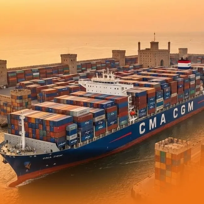 A cinematic, golden-hour image of a CMA CGM container ship entering a secure harbor where the terminal walls are built like a fortress from stacked shipping containers, representing the company's defensive investment strategy.