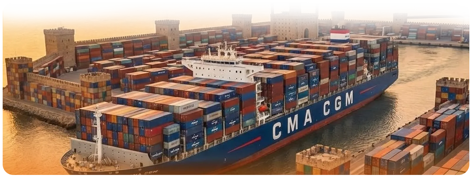 A conceptual illustration showing a large CMA CGM container ship docked within a fortified harbor constructed entirely from stacked shipping containers, symbolizing the carrier's "fortress strategy" and asset resilience.