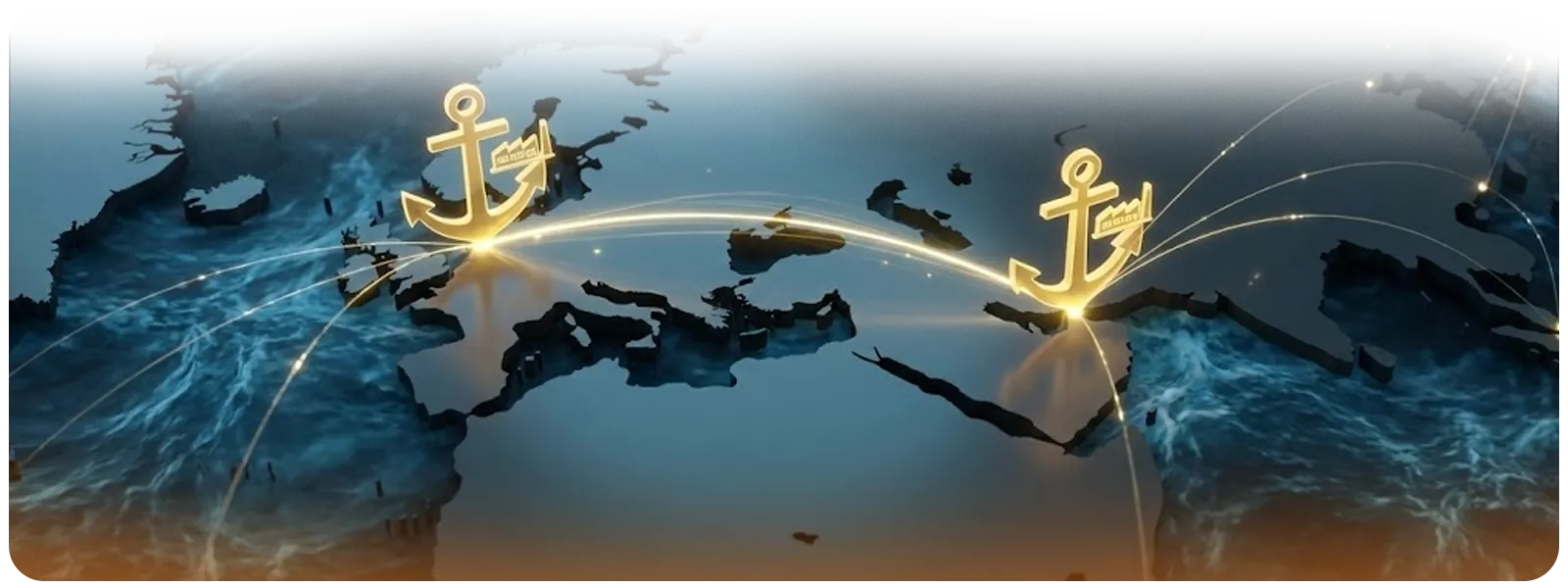 A stylized 3D map of Europe and the Middle East featuring massive golden anchors dropped on Hamburg and Abu Dhabi, connected by a glowing trade route to visualize CMA CGM's strategic terminal acquisitions.