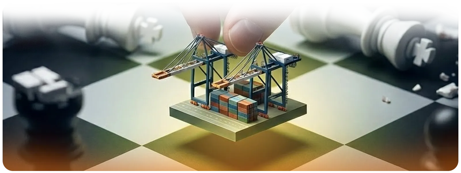 A conceptual close-up of a hand placing a chess piece shaped like a shipping terminal onto a board, symbolizing CMA CGM's long-term strategic investments in infrastructure despite short-term market headwinds.