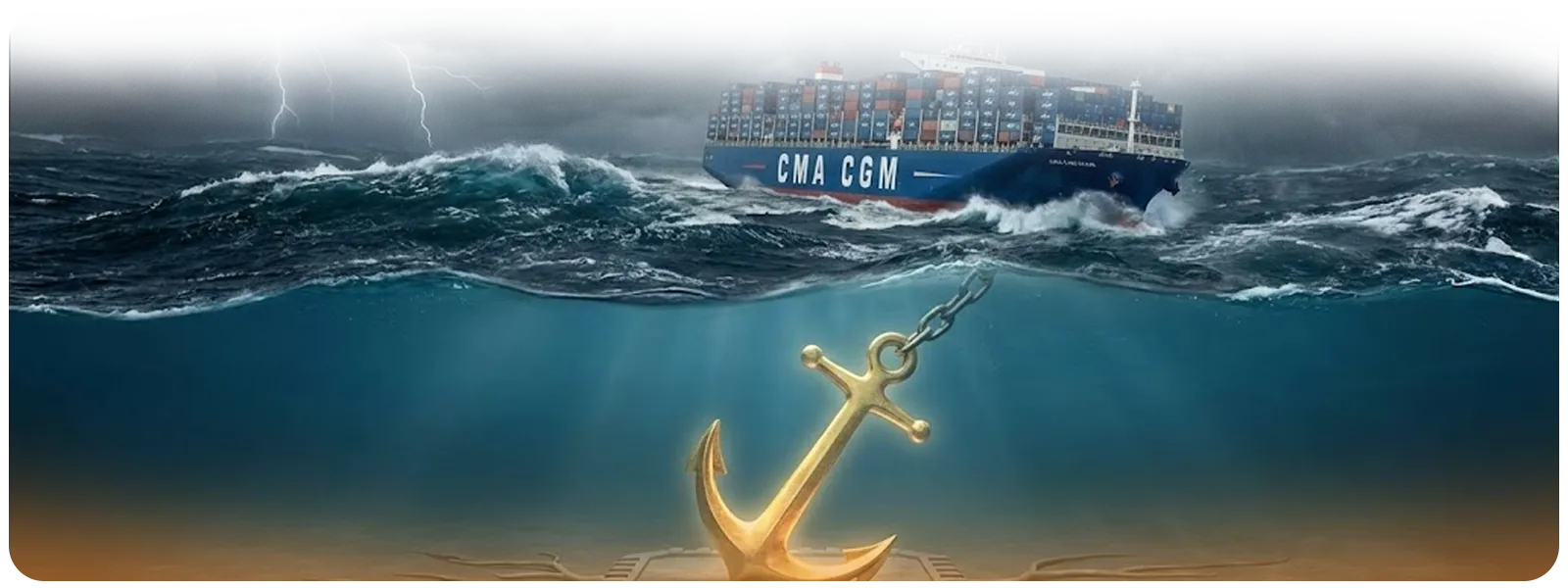 A cross-section illustration of a CMA CGM vessel battling a stormy ocean surface, while a massive golden anchor below the water remains firmly embedded in the seabed, representing stability and resilience against market volatility.