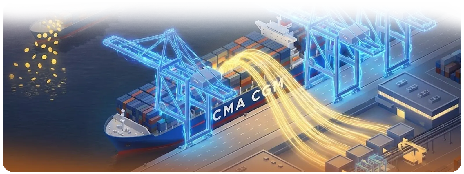 A futuristic isometric visualization of a CMA CGM terminal using magnetic blue energy to extract golden streams of value from a docked vessel, illustrating the strategic advantage of capturing revenue on the quayside.
