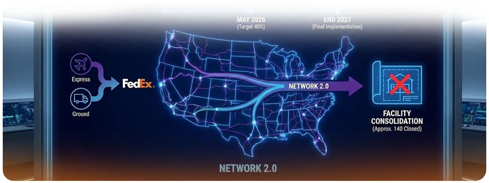 Network 2.0 roadmap graphic showing FedEx Express and Ground merging across a U.S. map, with timeline to May 2026 and end-2027 and 140 facility closures.