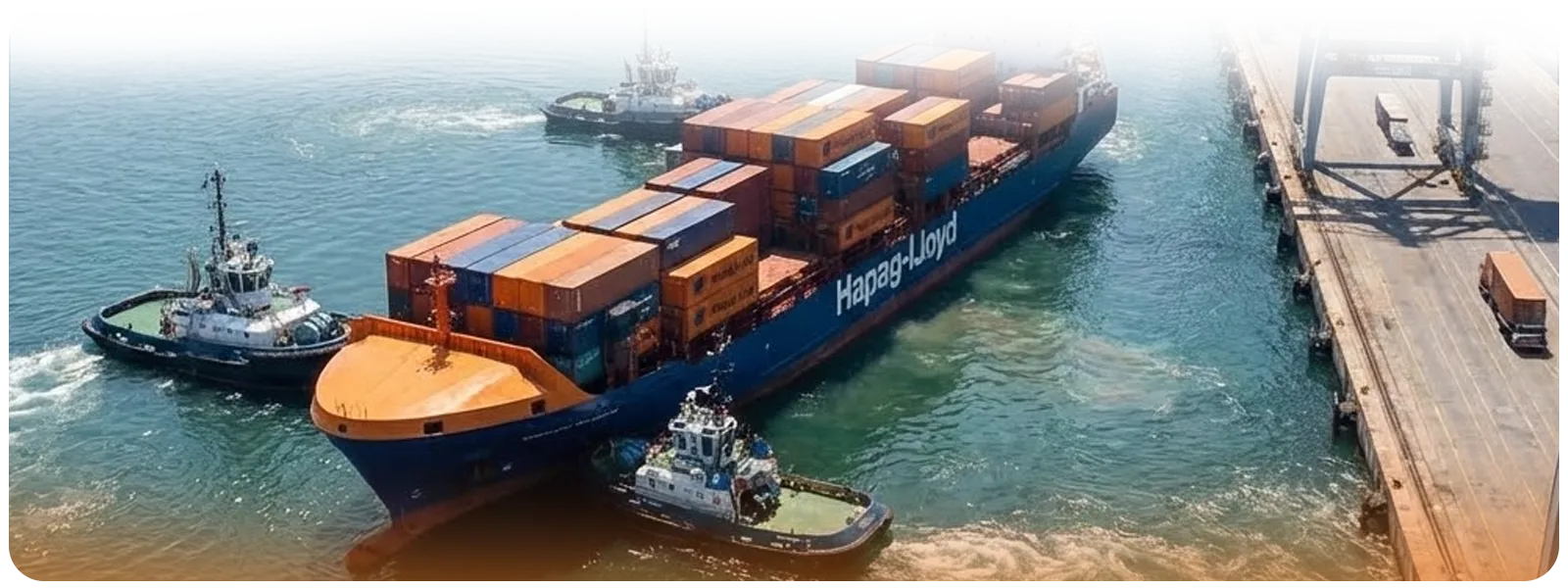 Hapag-Lloyd feeder container ship guided by tugboats through a port channel, emphasizing hub-and-spoke shuttle operations.