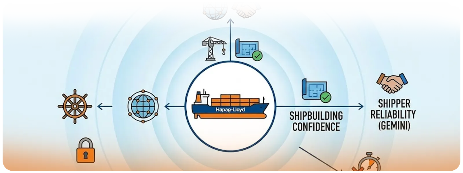 Infographic showing a Hapag-Lloyd ship at the center with arrows to ‘shipbuilding confidence’ and ‘shipper reliability (Gemini).