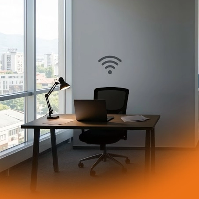 A modern office desk with a laptop, desk lamp, and papers next to a large window overlooking a city. A gray Wi-Fi symbol is on the wall behind the office chair, and an orange gradient effect covers the bottom right corner.