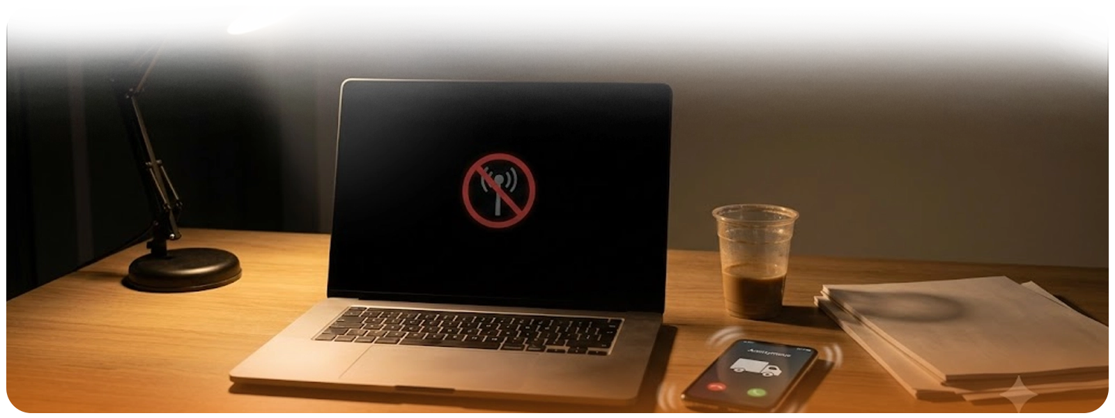 A dimly lit wooden desk at night features an open laptop displaying a red "no Wi-Fi/no signal" icon on its screen. To the left is an illuminated black desk lamp, and to the right is a plastic cup containing an iced coffee next to a stack of papers. A smartphone lies on the desk with a vibrating animation effect, showing an incoming anonymous call with a truck icon.