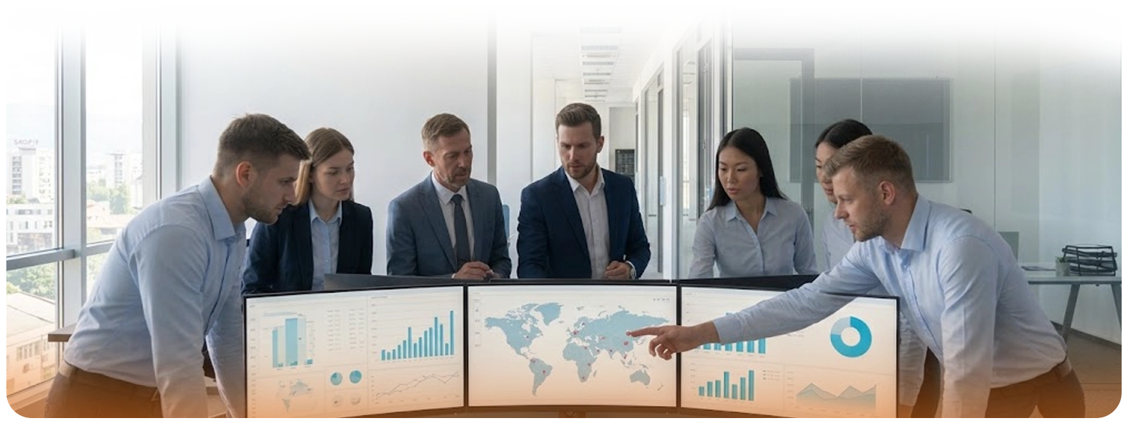 A corporate business team of six professionals in formal attire gathers around a curved multi-monitor workstation in a bright, modern office. A man on the right leans forward to point at a world map display on the screen, which also shows bar graphs and pie charts. Large glass windows in the background reveal a city view.