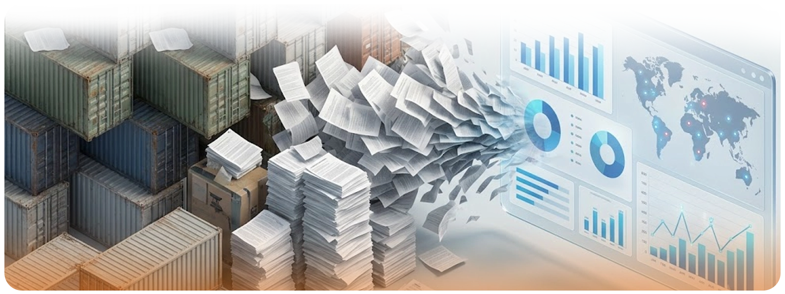 A conceptual, semi-abstract digital illustration showing a massive stack of shipping containers on the left side. Hundreds of white paper documents are flying and exploding outward from the containers, transforming directly into clean digital data, charts, a world map, and graphs on a glowing translucent screen to the right.