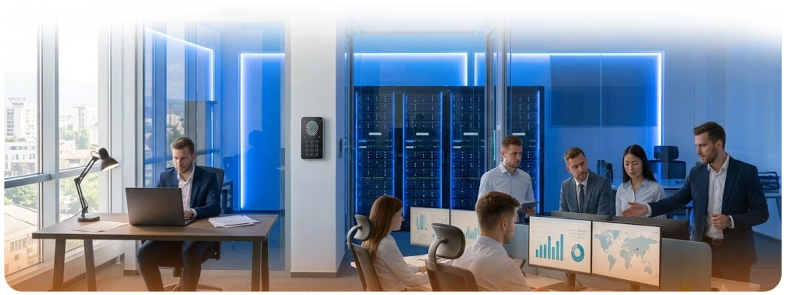 A split corporate office environment. On the left, a businessman sits alone at a desk in front of a window, working on his laptop. On the right, a team of office professionals works together in a tech-driven room containing server racks illuminated with blue LED lights, analyzing digital charts and world maps on their monitors.