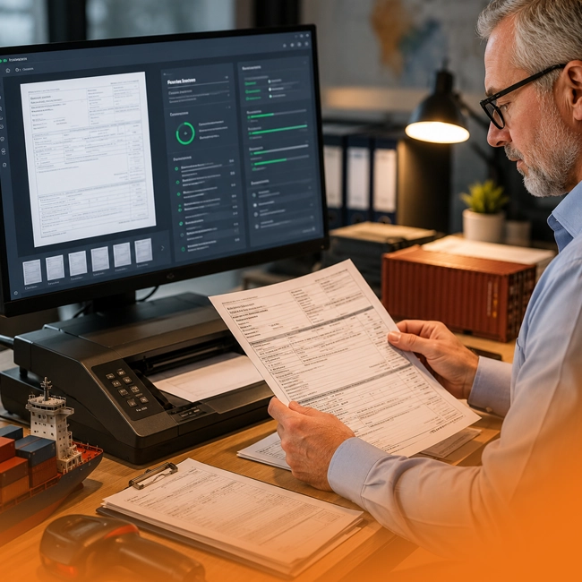 Experienced freight-forwarding professional reviewing shipping documents beside an automated document-processing system and cargo scanner in a modern logistics office.