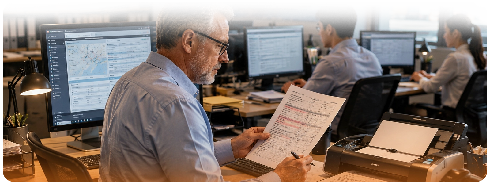 Senior freight-forwarding professional reviewing an automated shipping-document workflow on a computer screen in a modern logistics office.