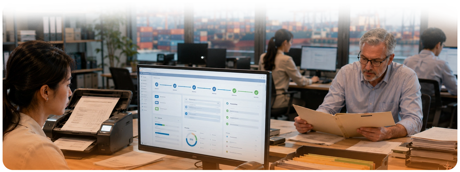 Freight-forwarding team using automation to process routine shipment workflows while a senior operator reviews a complex exception in a modern logistics office.