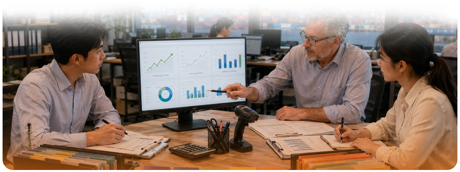 Freight-forwarding management team reviewing performance data and shipment workflows during a controlled 90-day operational improvement pilot.