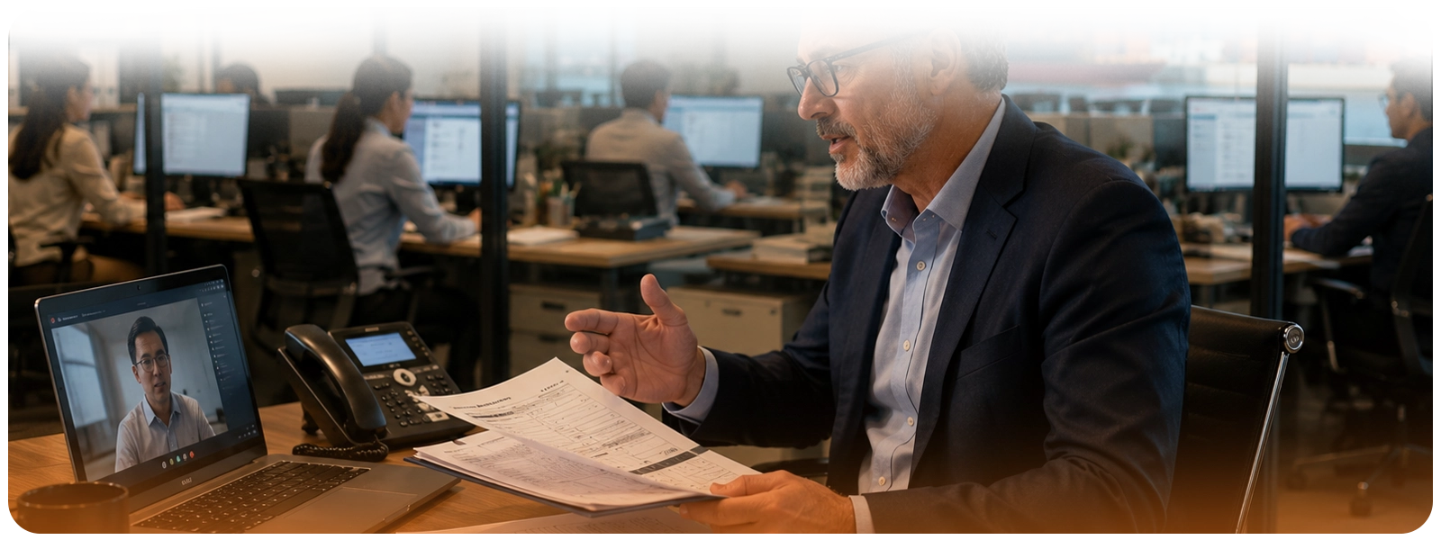 Experienced freight-forwarding professional speaking with a customer by video call while a trained logistics support team manages routine shipment operations in the background.