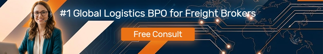 Global logistics BPO banner featuring a freight support specialist, worldwide supply-chain map and free consultation offer for freight brokers.