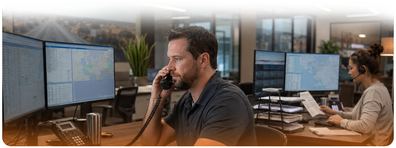 Freight broker handling sales and customer calls while an operations support specialist manages tracking, updates, and shipment paperwork.