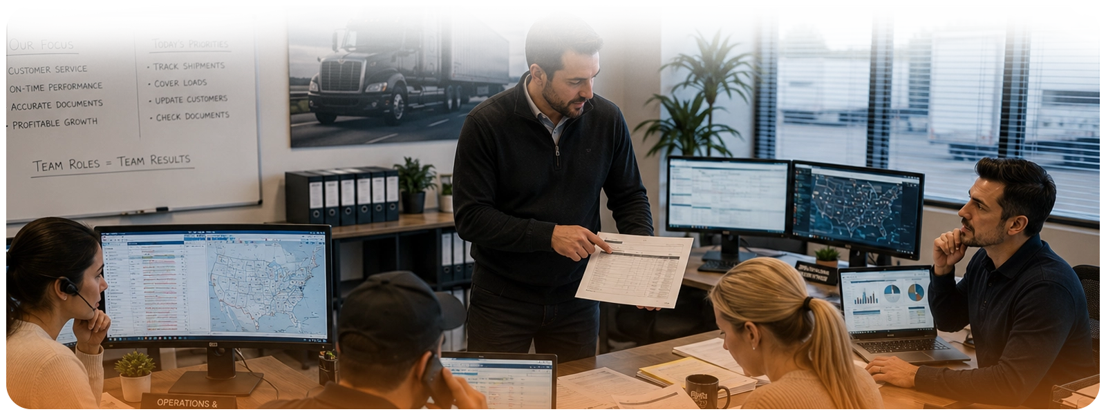Five-person freight brokerage team managing operations, carrier sales, billing, account management, and customer service in an organized office.