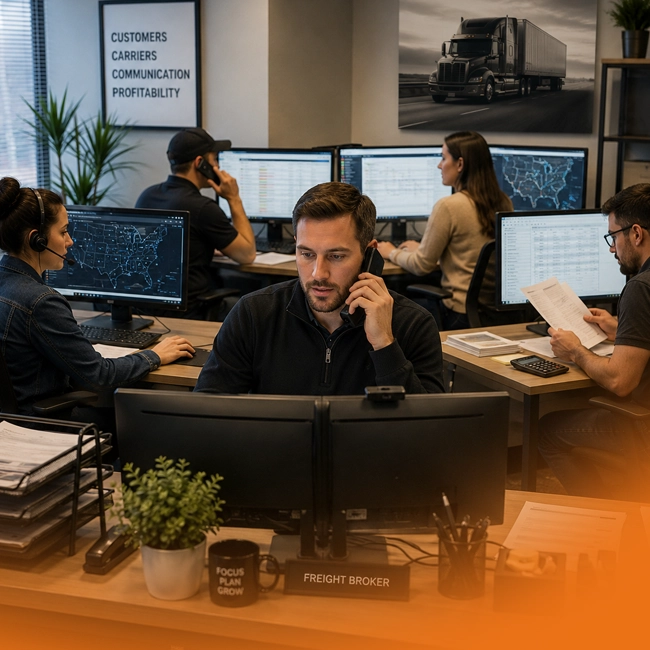 Freight broker leading a five-person brokerage team handling load tracking, carrier calls, customer updates, billing, and freight operations.