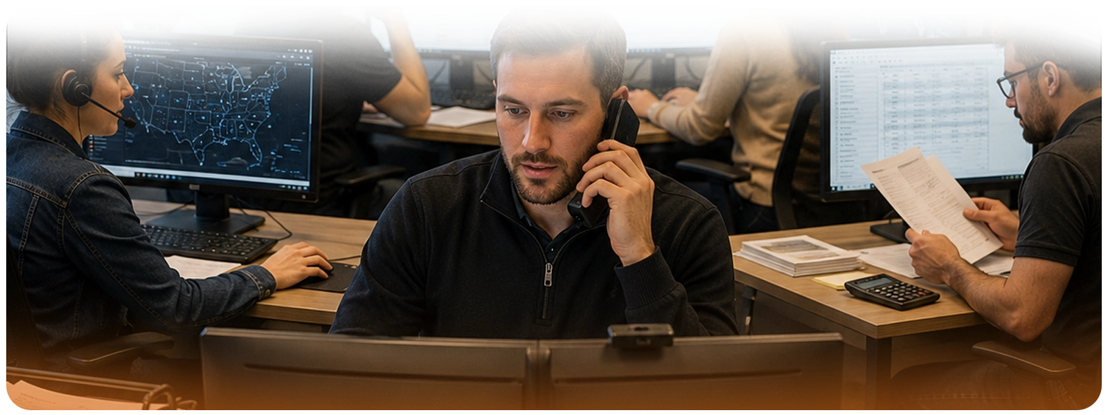 Freight broker on a customer call while team members manage shipment tracking, carrier communication, billing, and daily brokerage operations.