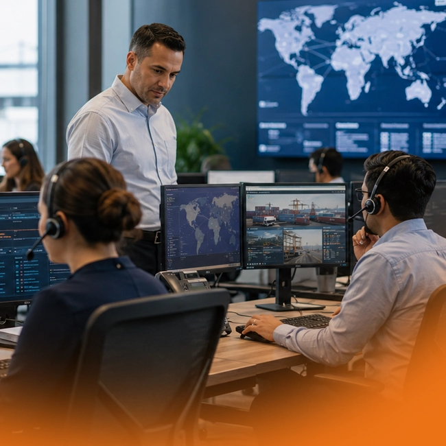 Freight brokerage operations team monitoring shipments and logistics activity from a modern office control center.