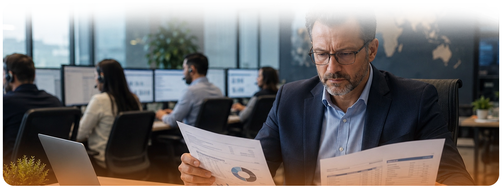 Freight brokerage manager reviewing cost reports while an in-office operations team works in the background.
