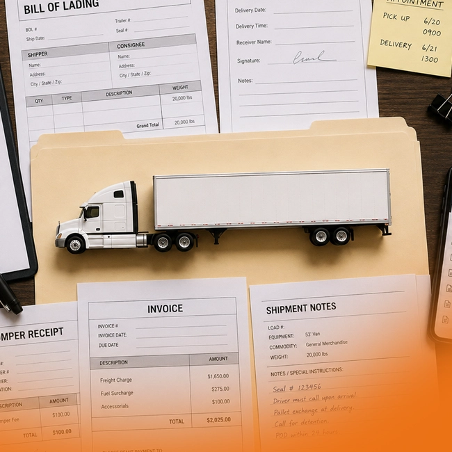 Freight truck model surrounded by a bill of lading, invoice, receipt, and shipment notes representing freight brokerage back-office tasks.