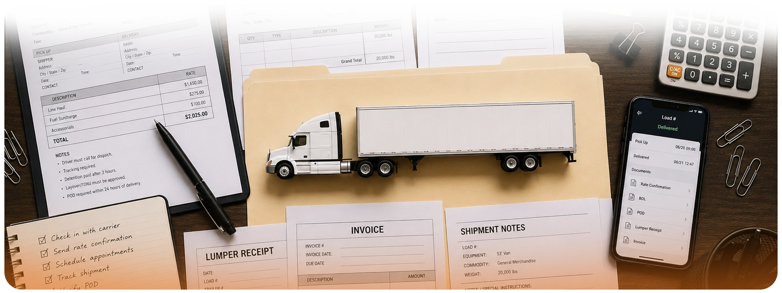 Freight truck model surrounded by rate confirmations, invoices, shipment notes, tracking records, and other freight brokerage documents.