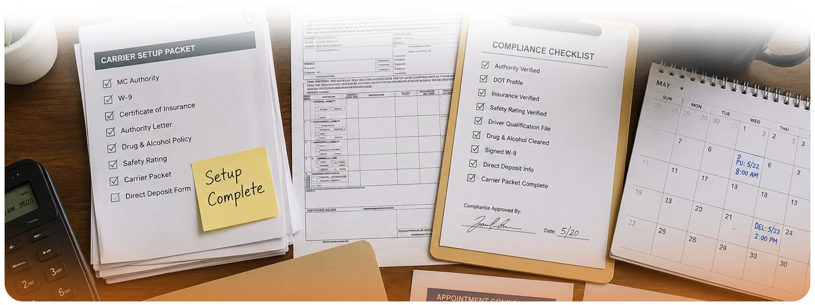 Carrier setup packet, compliance checklist, insurance certificate, and appointment calendar arranged for freight brokerage load preparation.