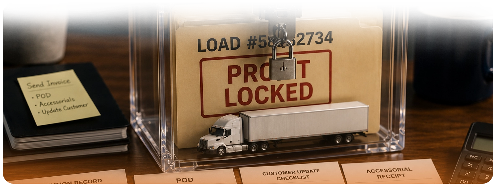 Locked freight load folder with pending POD, accessorial receipt, and customer update documents representing delayed billing and broker time.