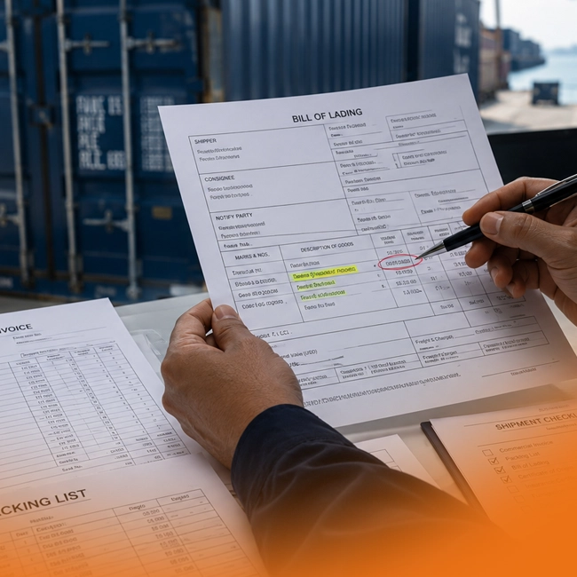 Freight forwarder reviewing a Bill of Lading against the commercial invoice and packing list at a container terminal.