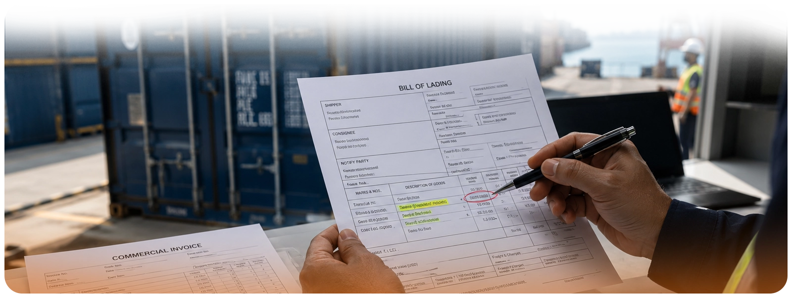 Freight forwarder reviewing a Bill of Lading and commercial invoice beside shipping containers to prevent customs documentation errors.