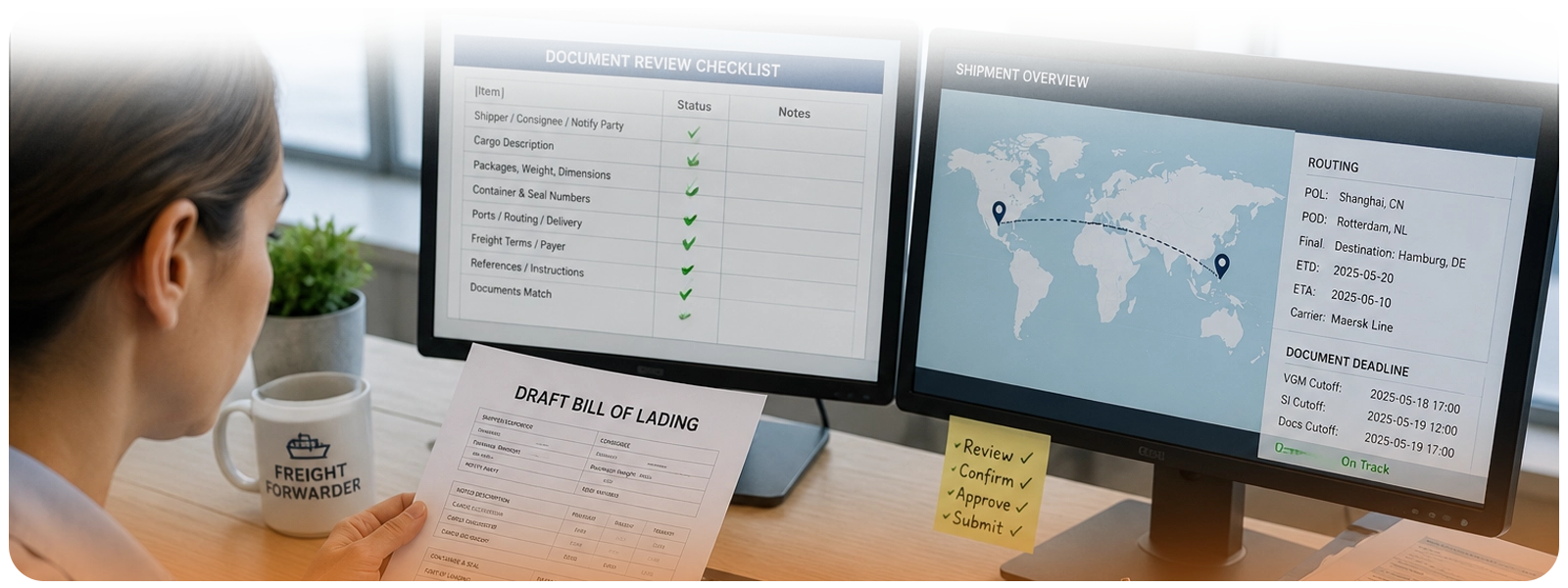 Freight forwarder reviewing a draft Bill of Lading with a document checklist and shipment routing details to prevent customs errors.