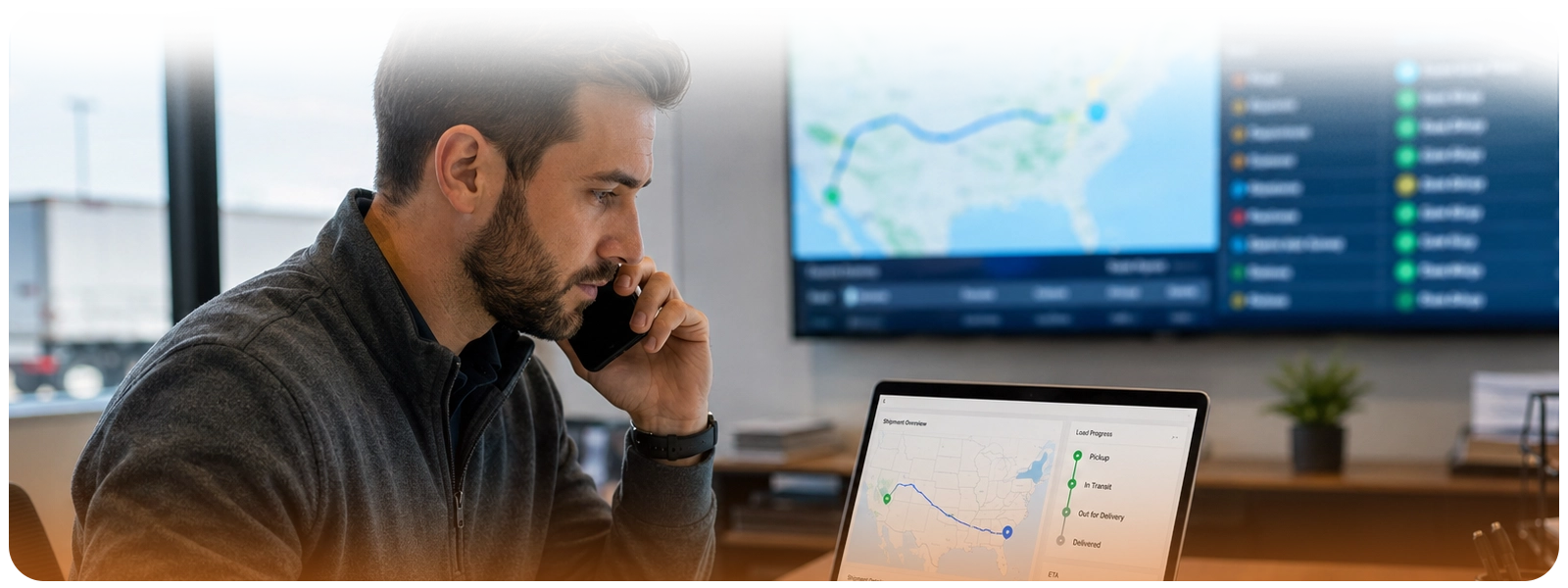 Freight broker speaking with a customer while monitoring live shipment progress and delivery status on a logistics dashboard.