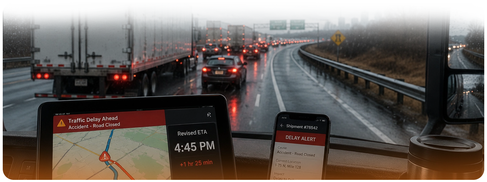 Truck delayed by heavy traffic and rain, with route alerts and a revised ETA showing the need for immediate customer communication.