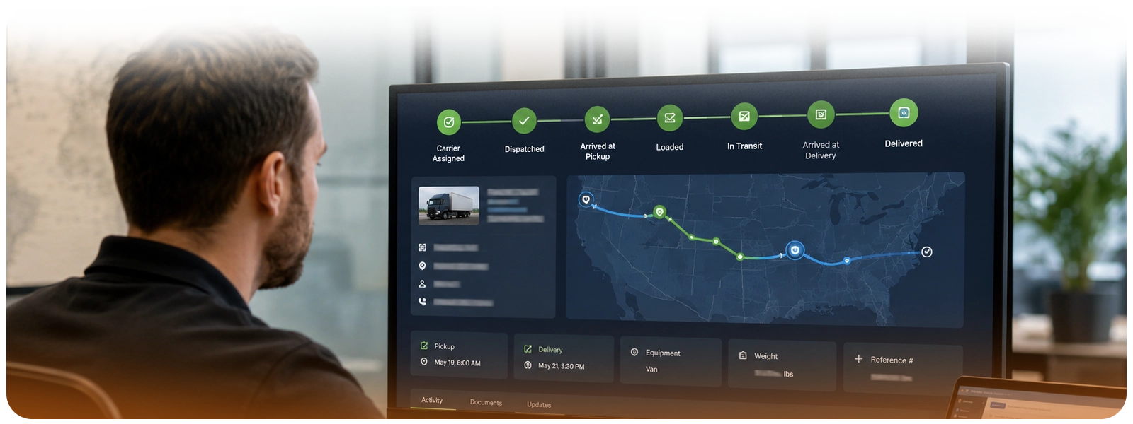 Freight broker monitoring a shipment milestone timeline from carrier assignment through pickup, transit, delivery, and completion.