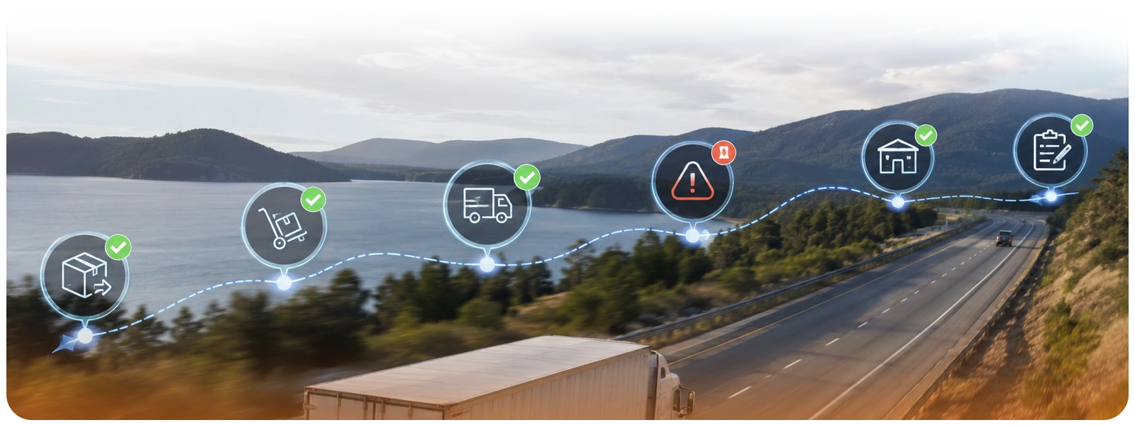 Truck shipment with automated milestone notifications for pickup, transit, delays, delivery, and document completion.