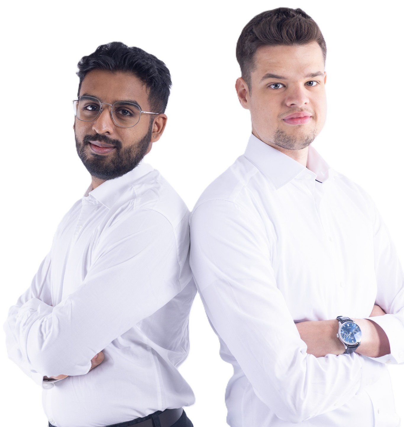 Athavan Theva and Severin Hersche standing back-to-back with arms crossed, both wearing white shirts.
