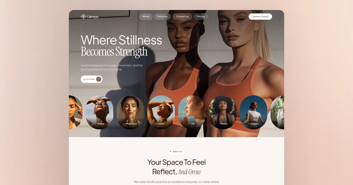 Calmlyss Webflow template homepage for yoga and wellness websites