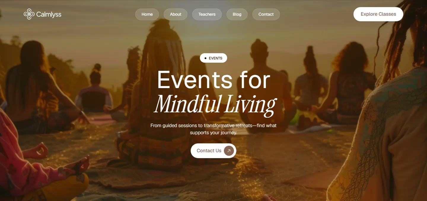 Calmlyss events page hero for retreats and mindful living workshops