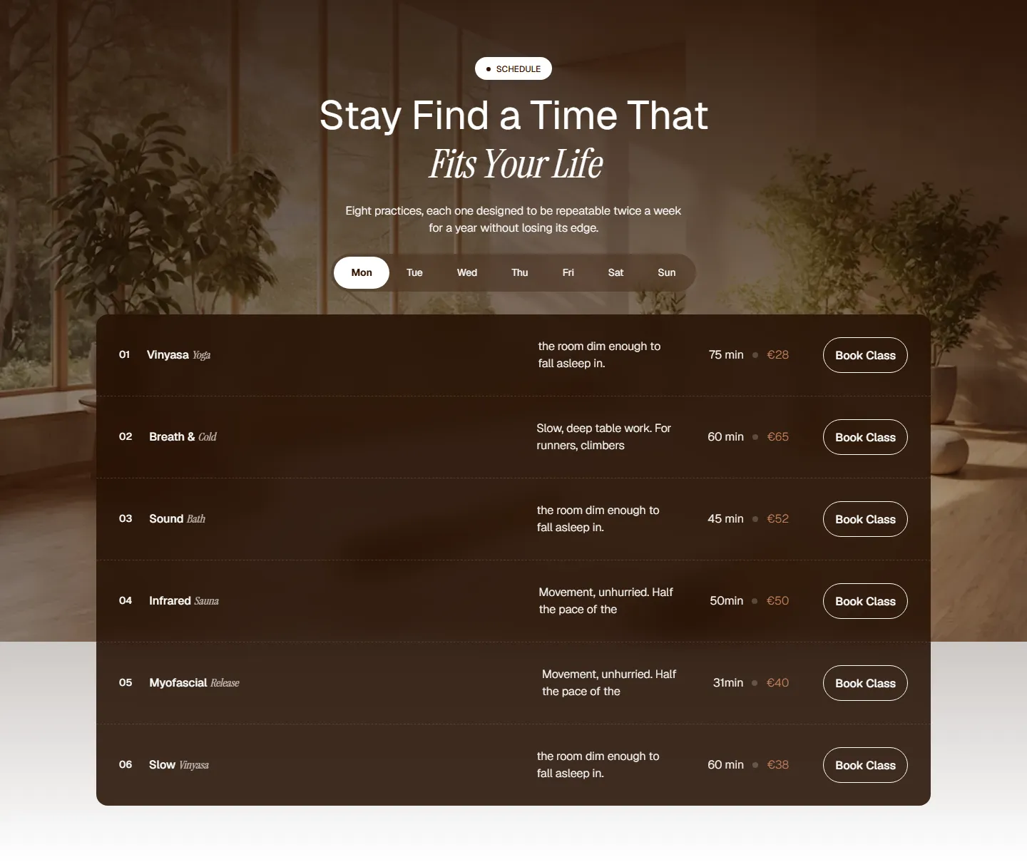 Calmlyss weekly class schedule with day tabs, prices and Book Class buttons