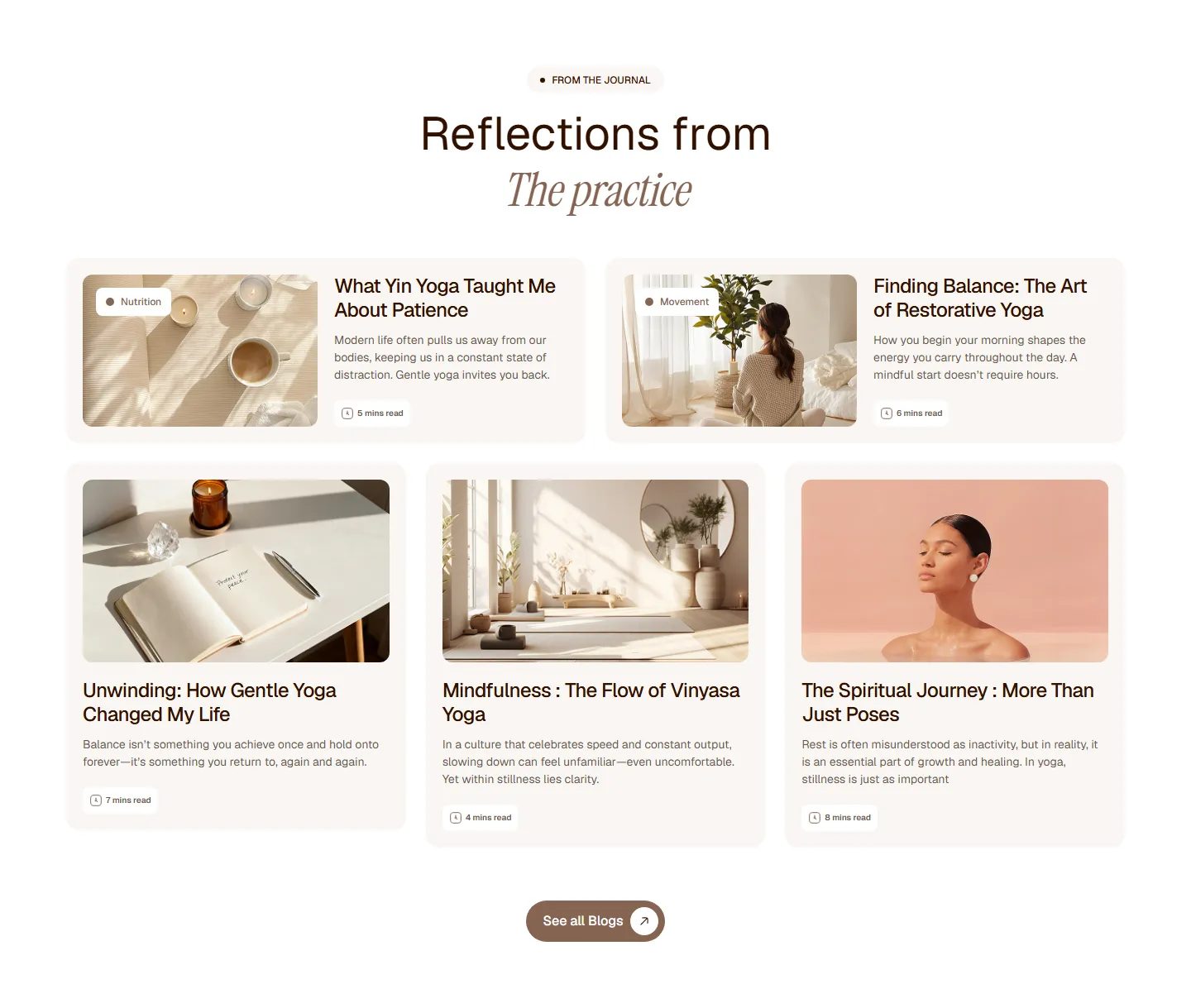 Calmlyss blog section with wellness article cards and reading times