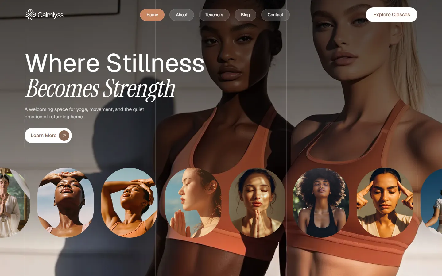 Calmlyss hero section with the headline Where Stillness Becomes Strength